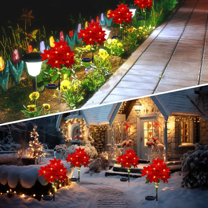 Artificial Christmas Poinsettia Flower Solar Light - (Waterproof, Garden, Xmas Party Decoration)