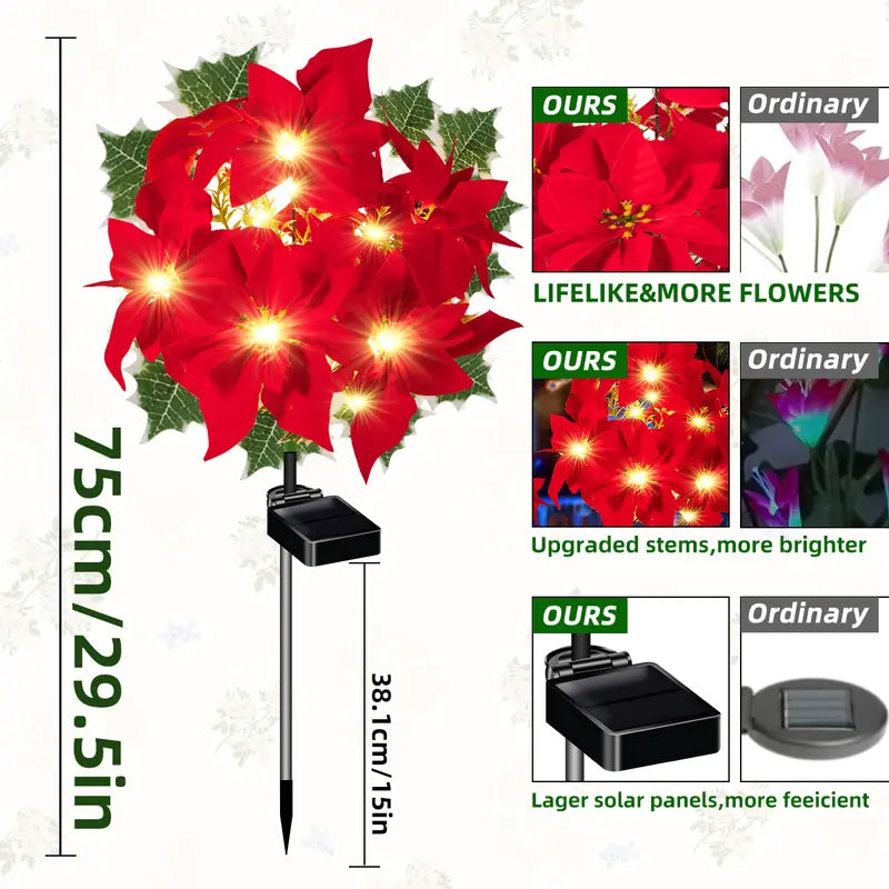 Artificial Christmas Poinsettia Flower Solar Light - (Waterproof, Garden, Xmas Party Decoration)